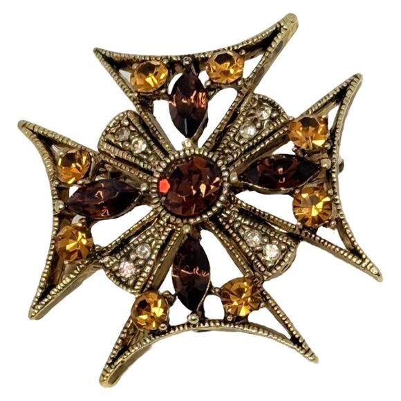 VTG Austrian Crystal Maltese Cross Brooch 1.5" Pin Gold Tone Cottagecore - Picture 9 of 11